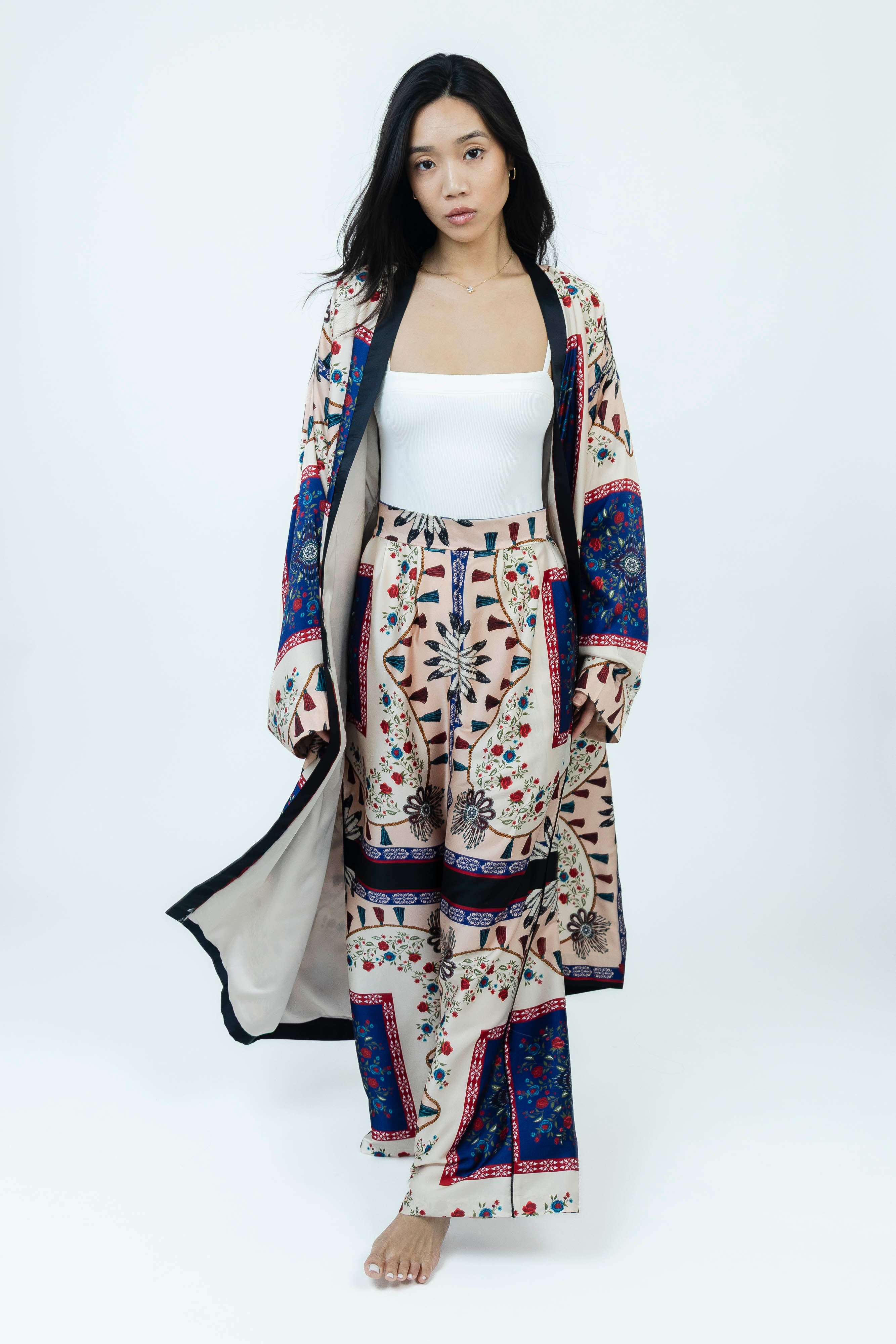 Tassel Bloom Silk Set | Kimono + Pants