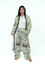 Olive Paisley Silk Set | Kimono + Pants