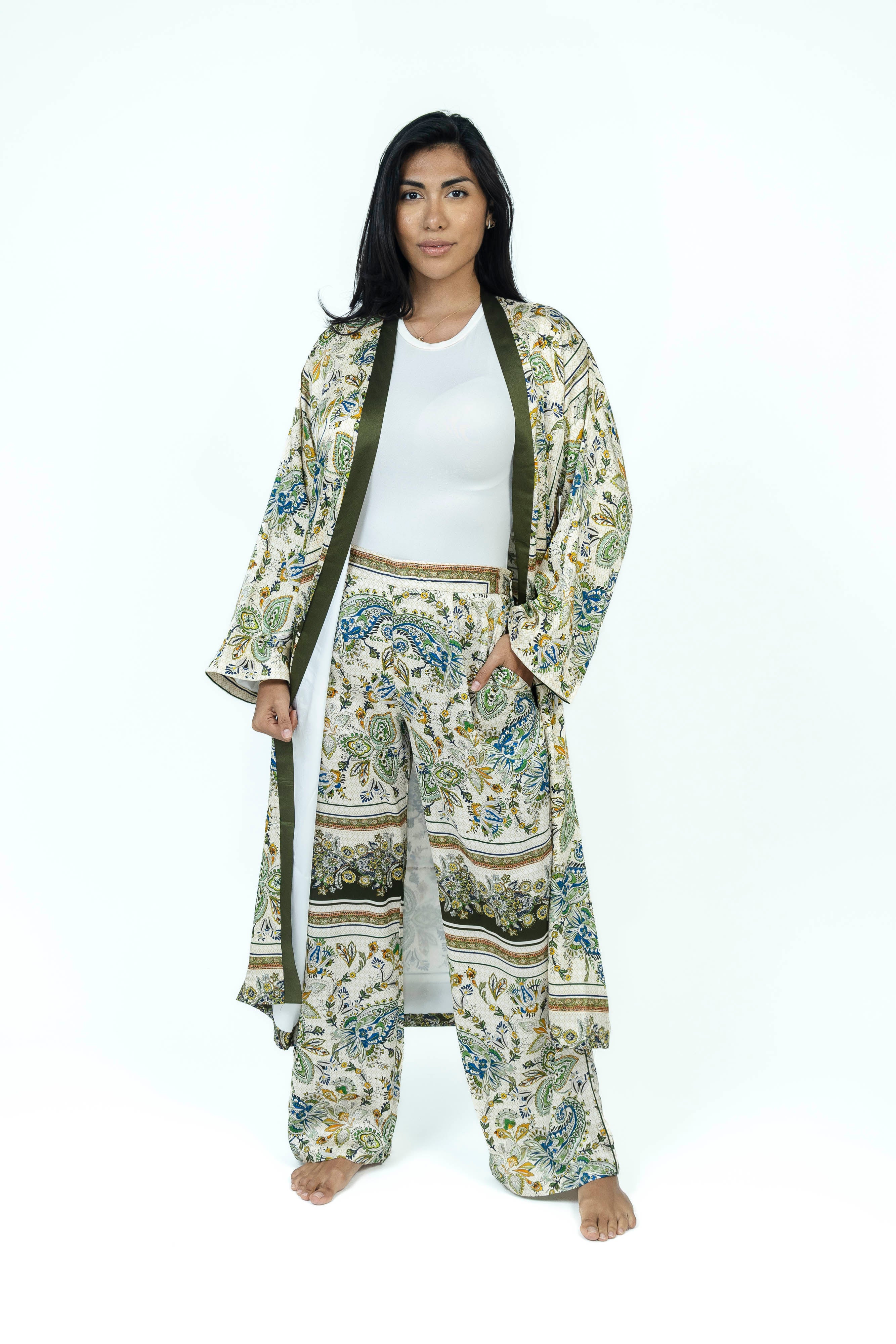 Olive Paisley Silk Set | Kimono + Pants