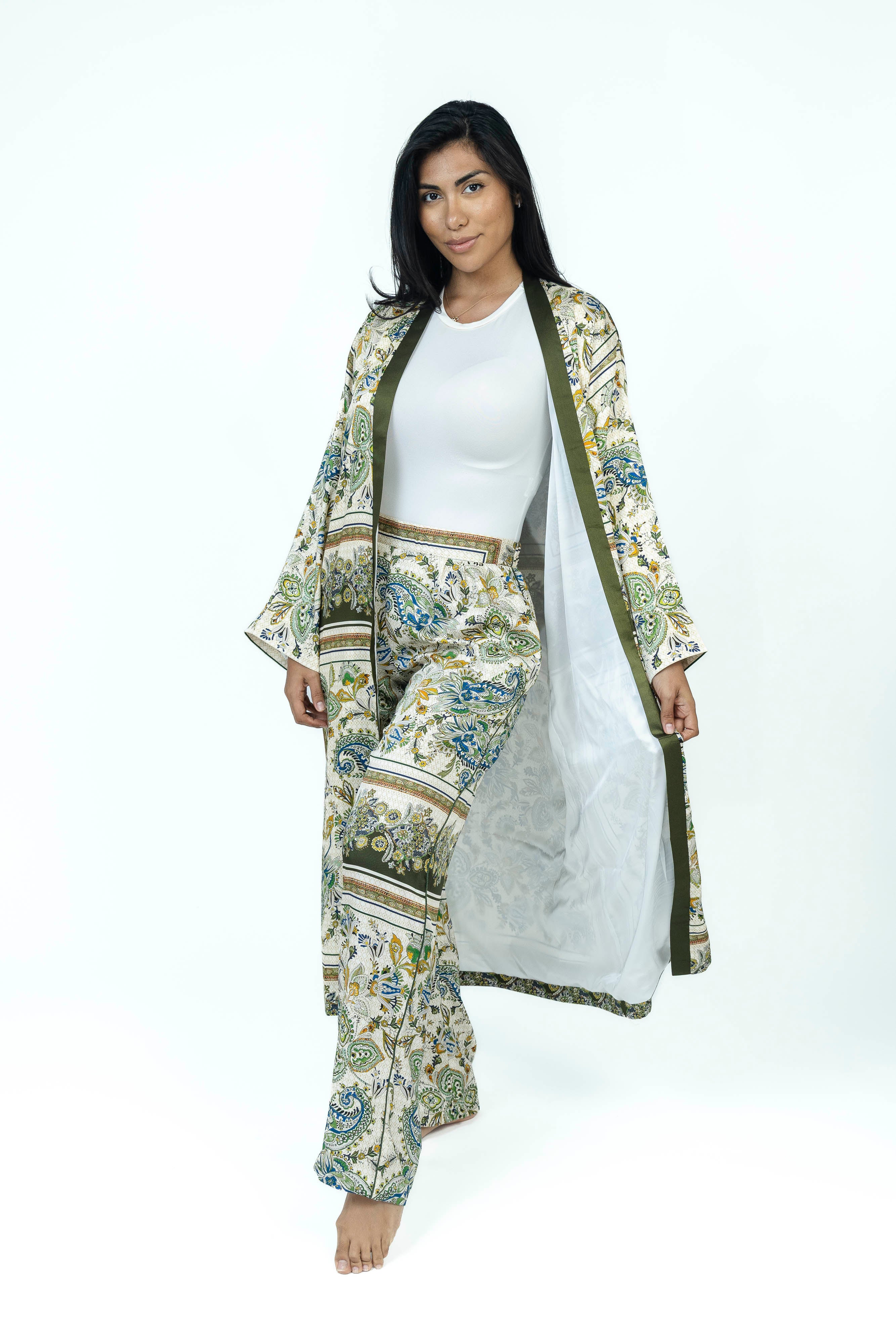 Olive Paisley Silk Set | Kimono + Pants
