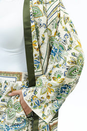 Olive Paisley Silk Set | Kimono + Pants