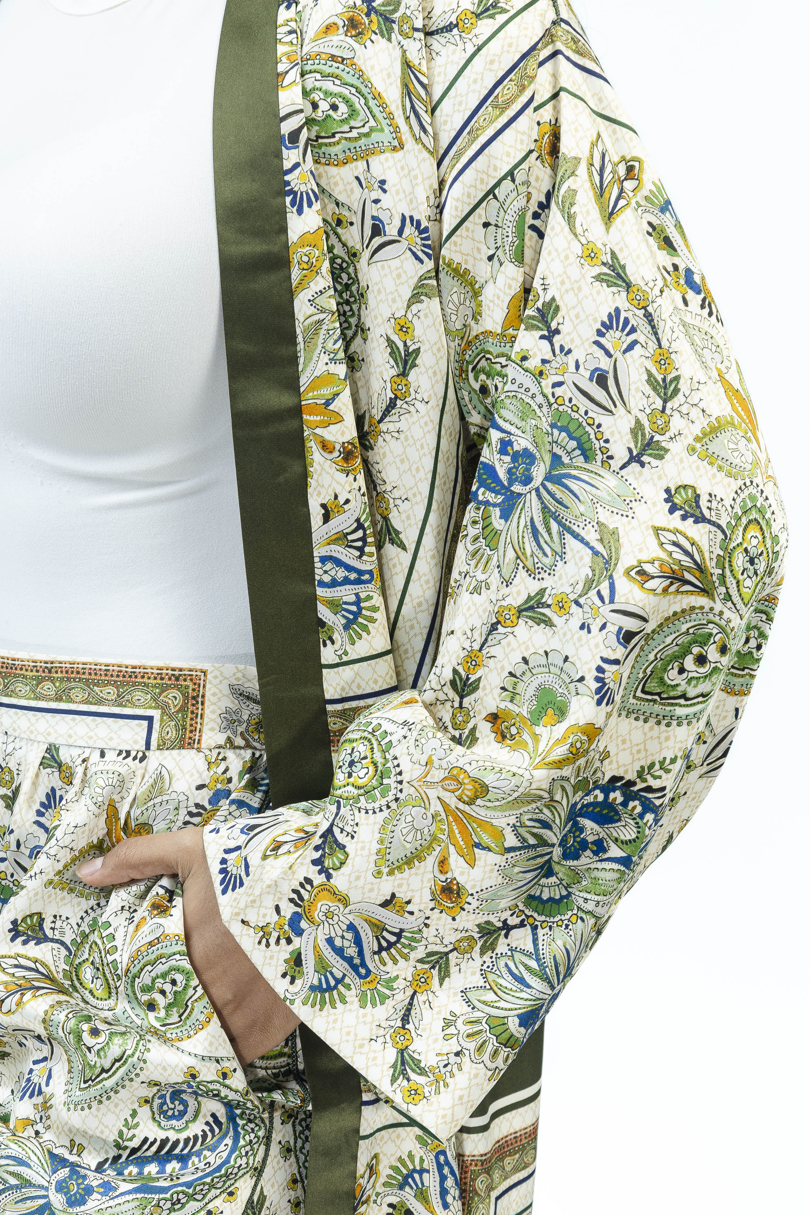 Olive Paisley Silk Set | Kimono + Pants