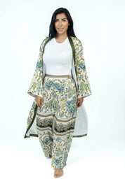 Olive Paisley Silk Set | Kimono + Pants
