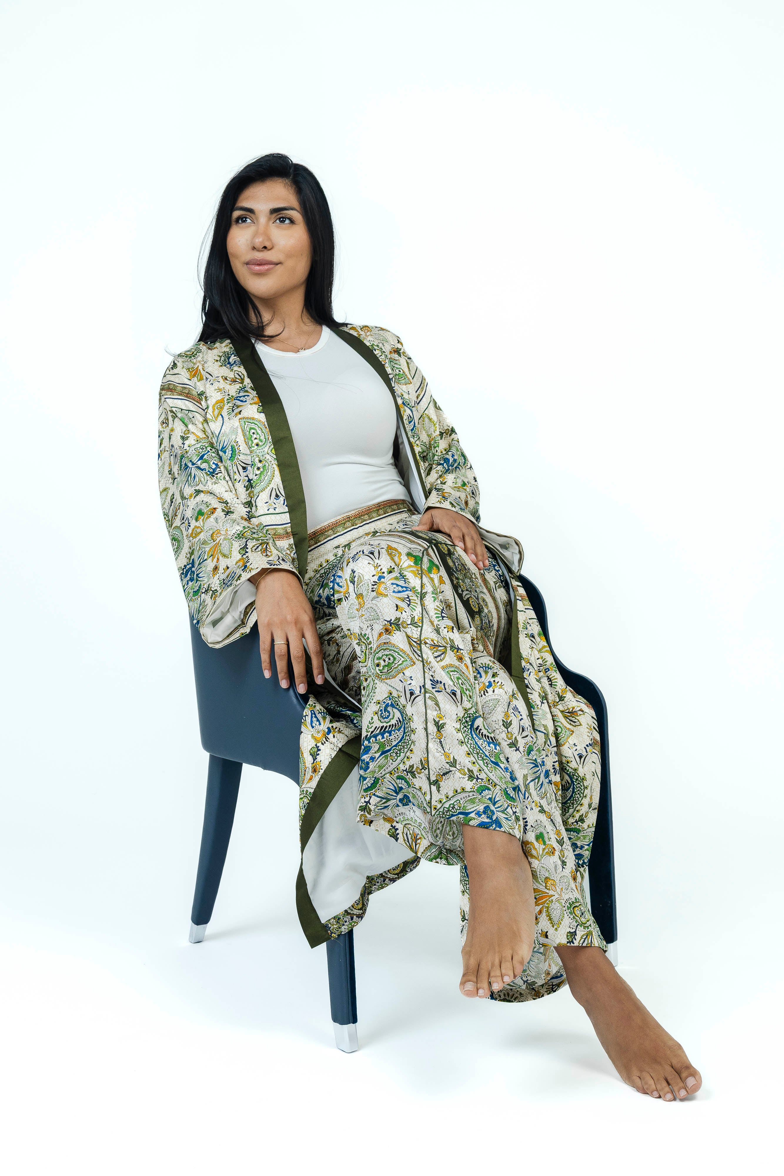 Olive Paisley Silk Set | Kimono + Pants