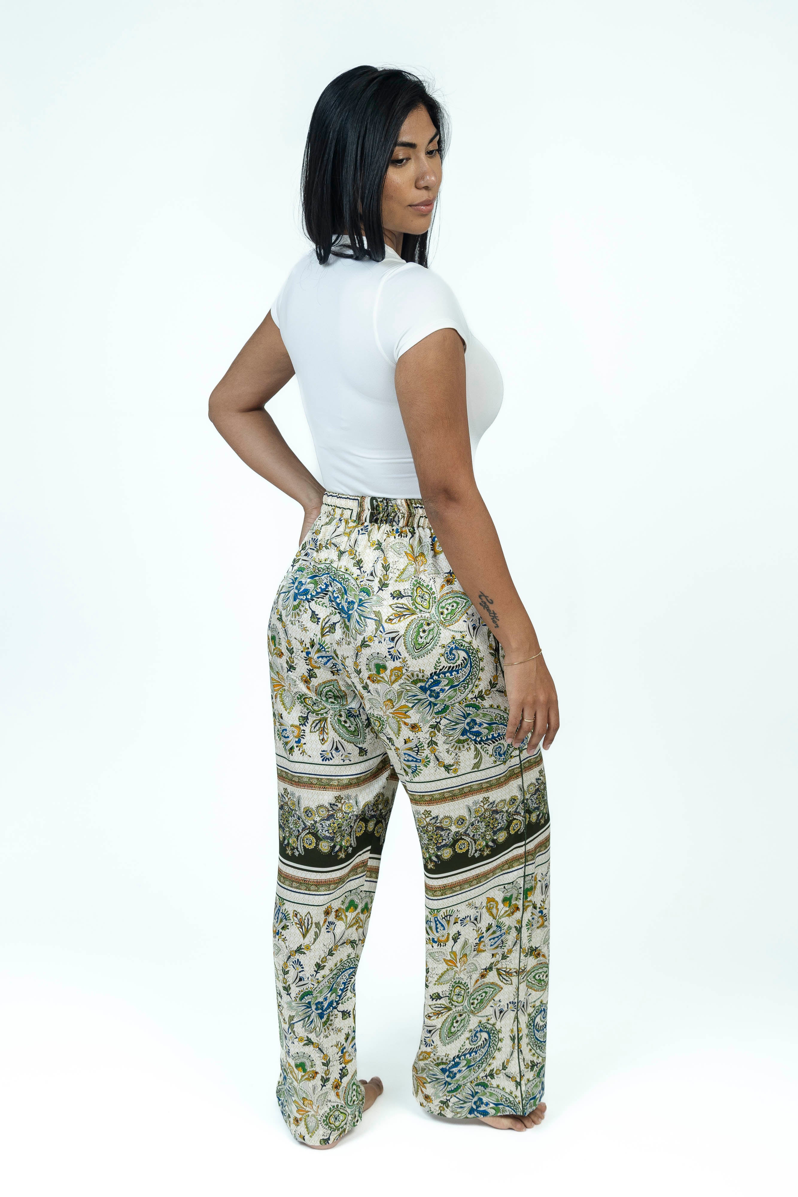 Olive Paisley Silk Set | Kimono + Pants