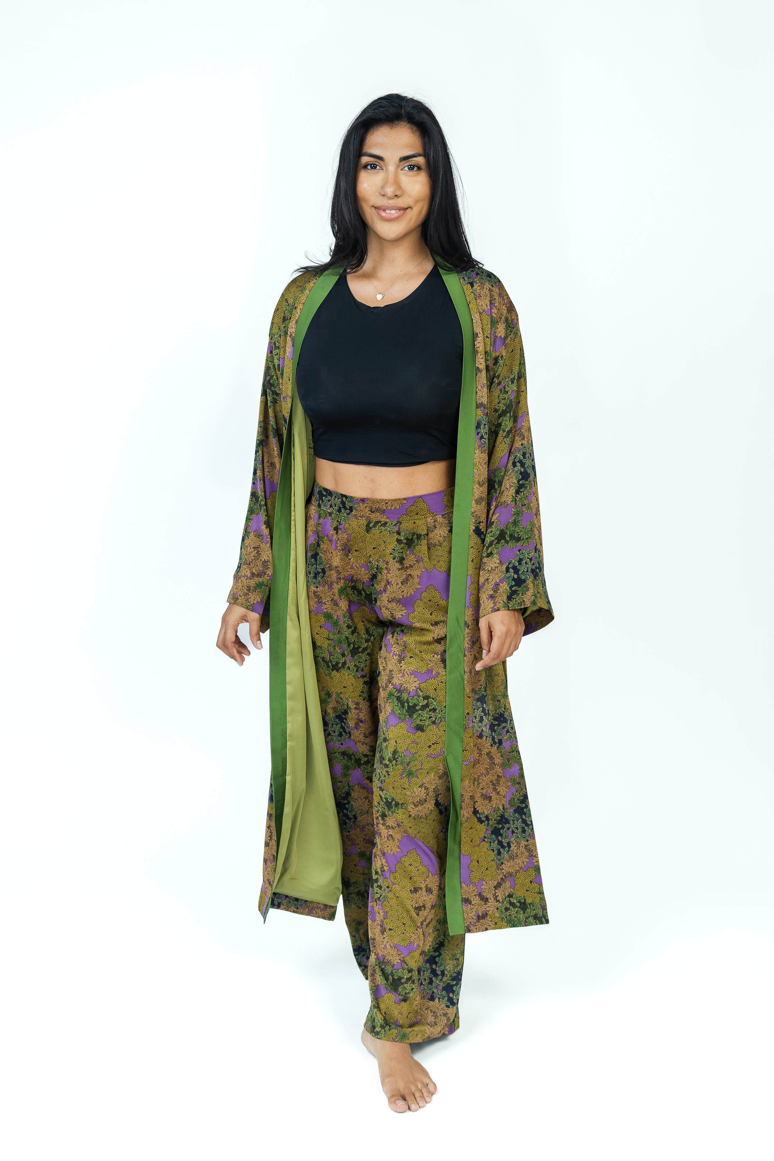 ForestViolet Silk Set | Kimono + Pants